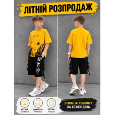 Яскравий літній костюм футболка і шорти для хлопця в стилі оверсайз,колір жовтий,розмір 152-160 см