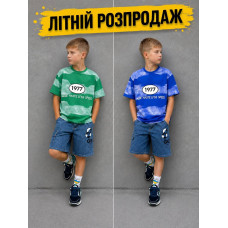 Яскравий літній костюм футболка та джинсові шорти для хлопчика, колір зелений, розмір 155 см.